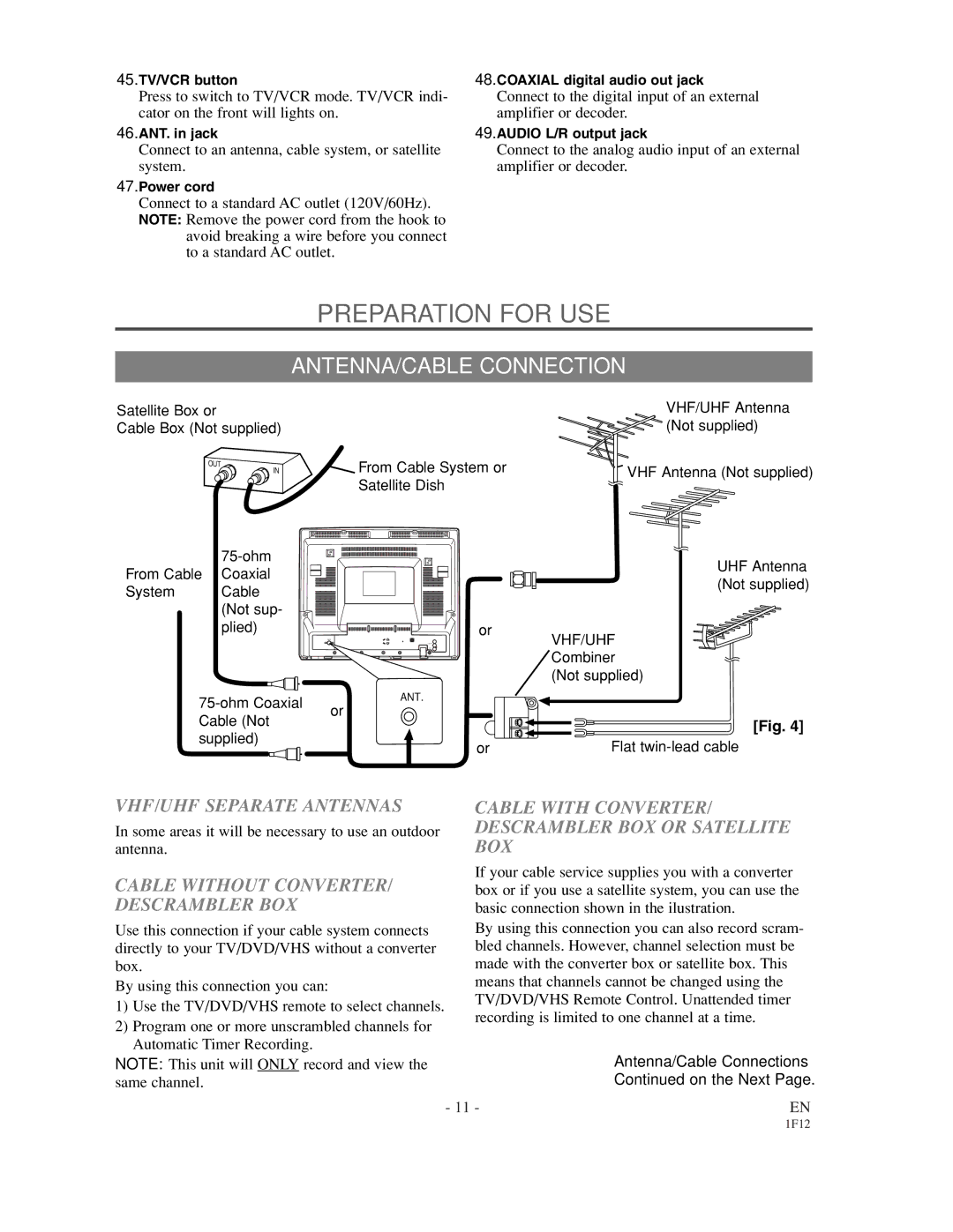 Sylvania SSC719B owner manual Preparation for USE, ANTENNA/CABLE Connection, VHF/UHF Separate Antennas 