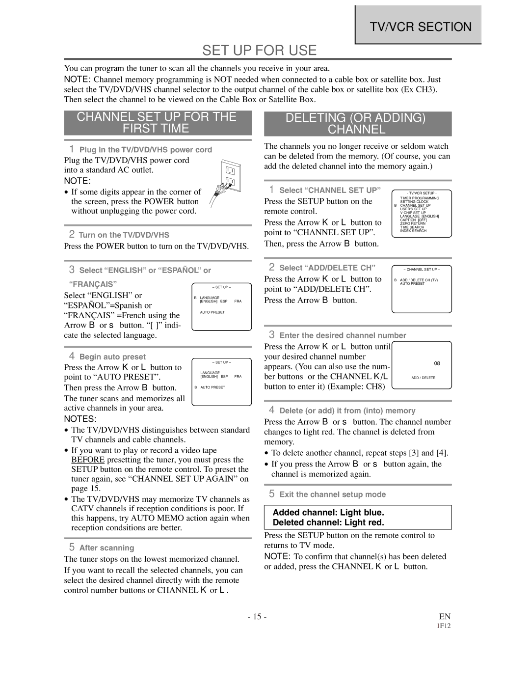 Sylvania SSC719B owner manual SET UP for USE, Channel SET UP for First Time, Deleting or Adding Channel 