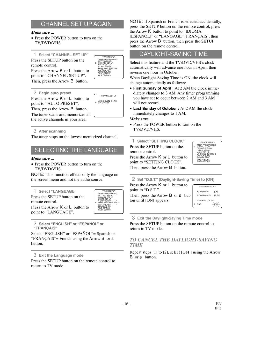 Sylvania SSC719B owner manual Channel SET UP Again, Selecting the Language, To Cancel the DAYLIGHT-SAVING Time 