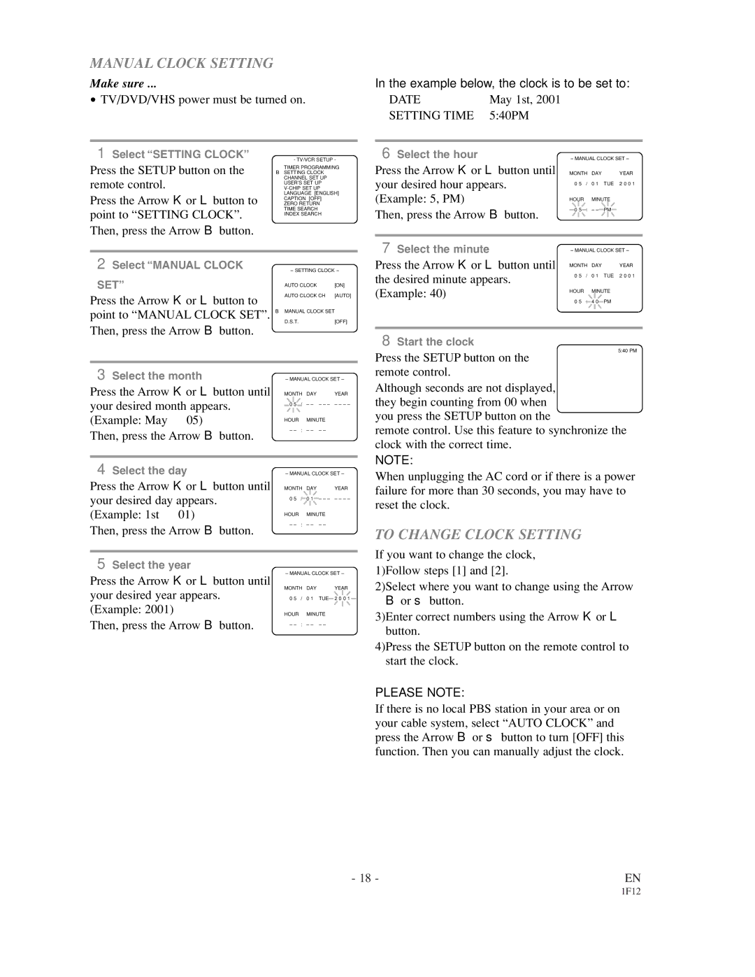 Sylvania SSC719B owner manual Manual Clock Setting, To Change Clock Setting, Please Note 