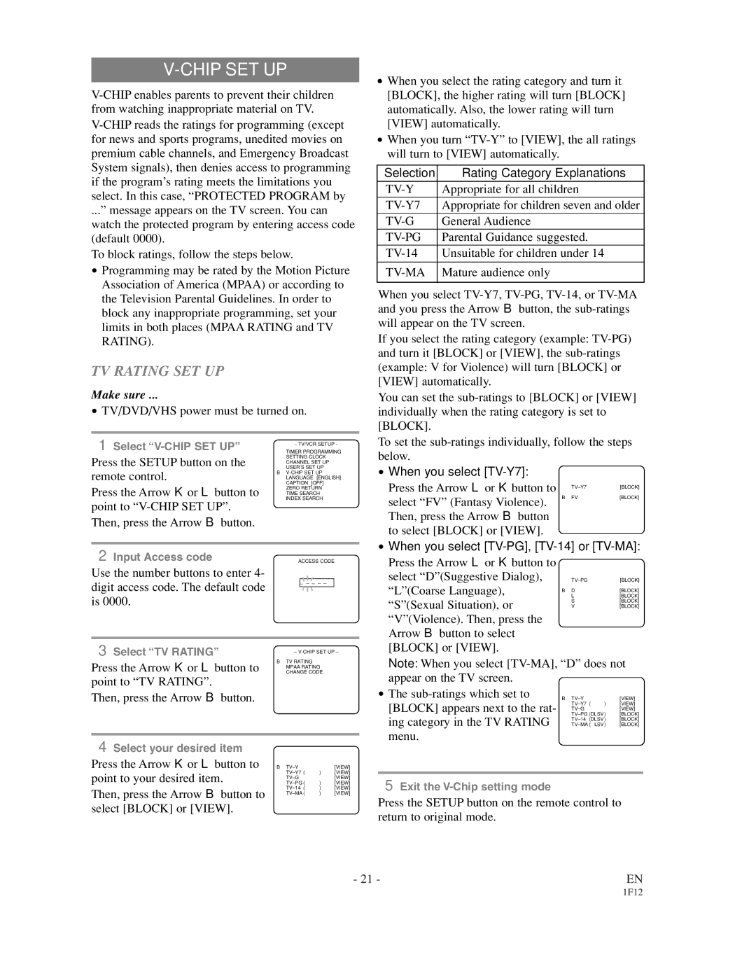 Sylvania SSC719B owner manual Chip SET UP, TV Rating SET UP, Selection Rating Category Explanations, When you select TV-Y7 