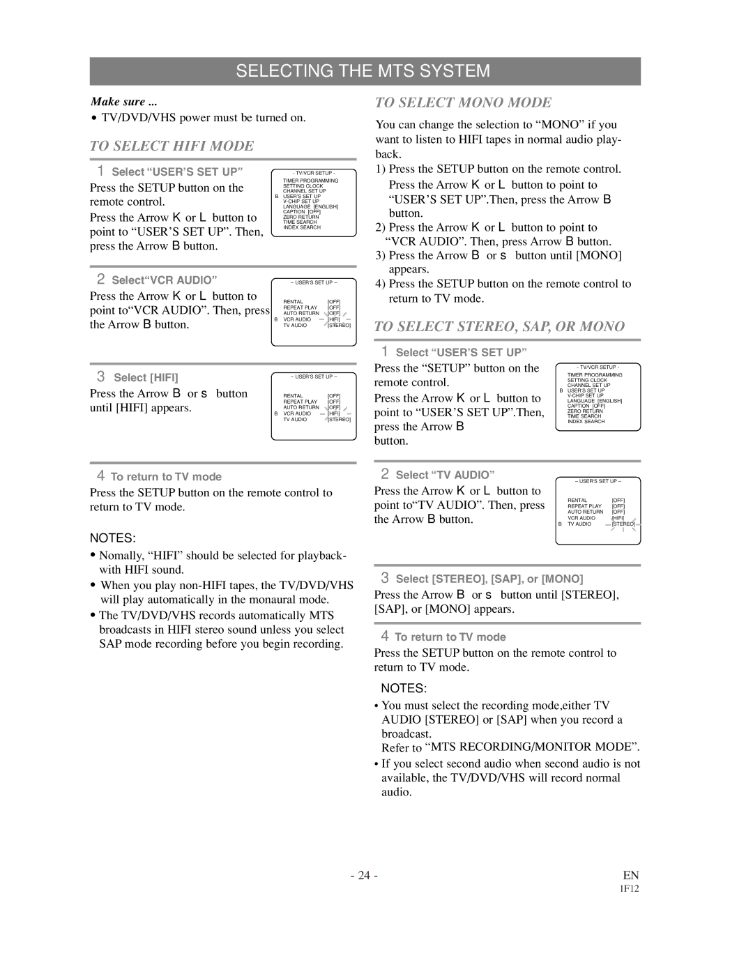 Sylvania SSC719B Selecting the MTS System, To Select Hifi Mode To Select Mono Mode, To Select STEREO, SAP, or Mono 