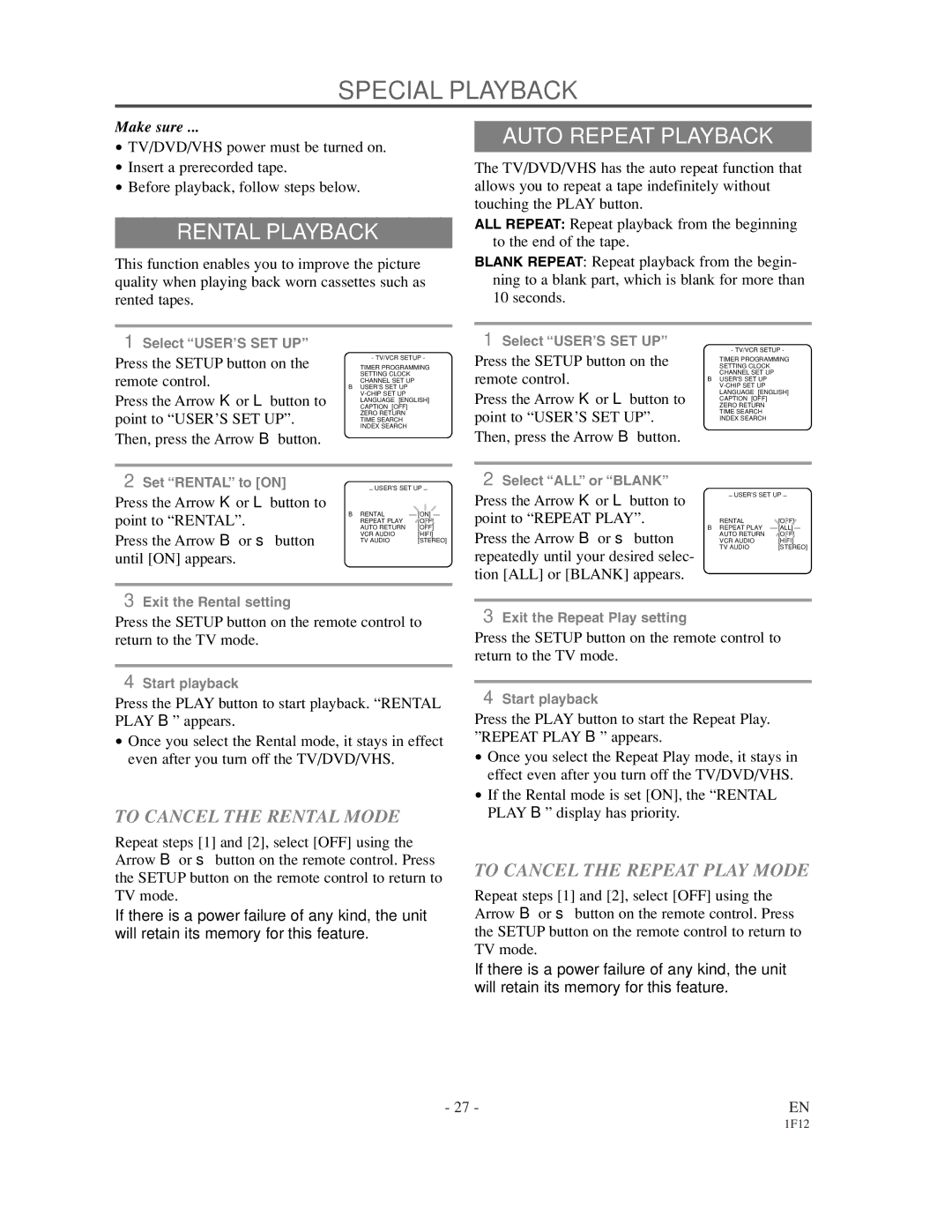 Sylvania SSC719B owner manual Special Playback, Rental Playback, Auto Repeat Playback, To Cancel the Rental Mode 