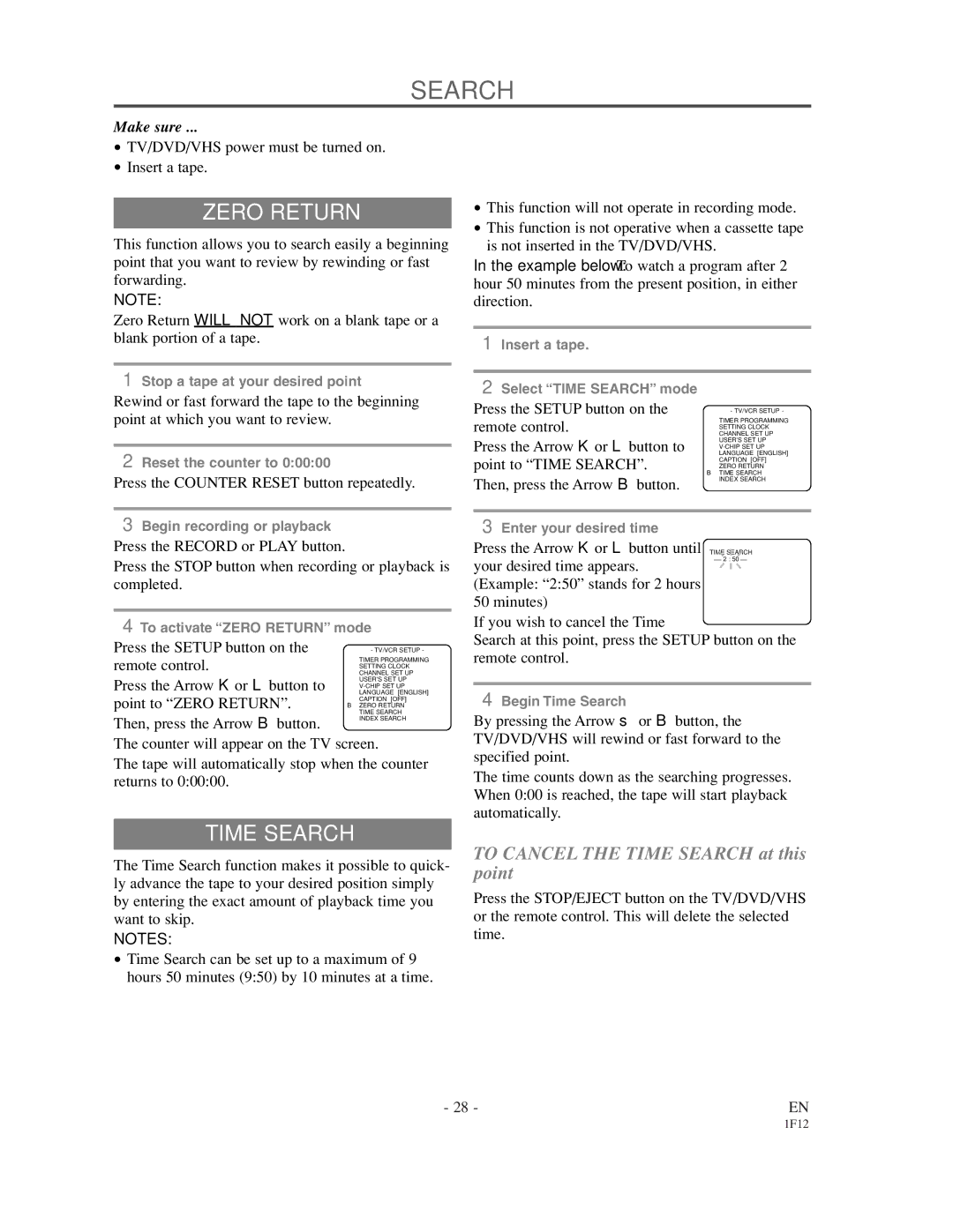 Sylvania SSC719B owner manual Zero Return, Time Search 