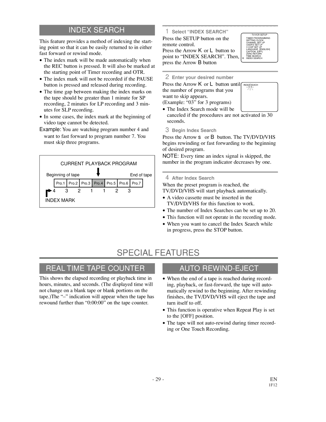 Sylvania SSC719B owner manual Special Features, Index Search, Real Time Tape Counter, Auto REWIND-EJECT 