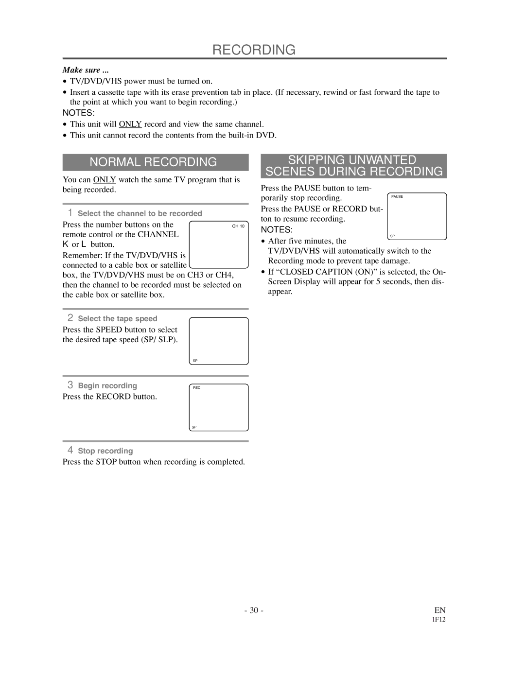 Sylvania SSC719B owner manual Normal Recording, Skipping Unwanted Scenes During Recording 