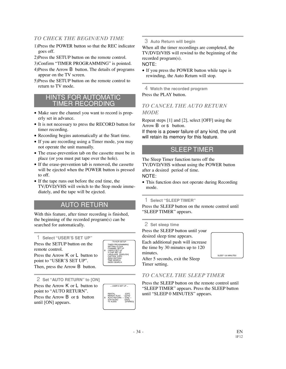 Sylvania SSC719B owner manual Hints for Automatic Timer Recording, Auto Return, Sleep Timer 