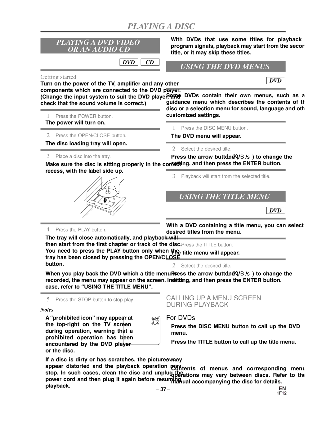 Sylvania SSC719B owner manual Playing a DVD Video Or AN Audio CD, Using the DVD Menus, Using the Title Menu 