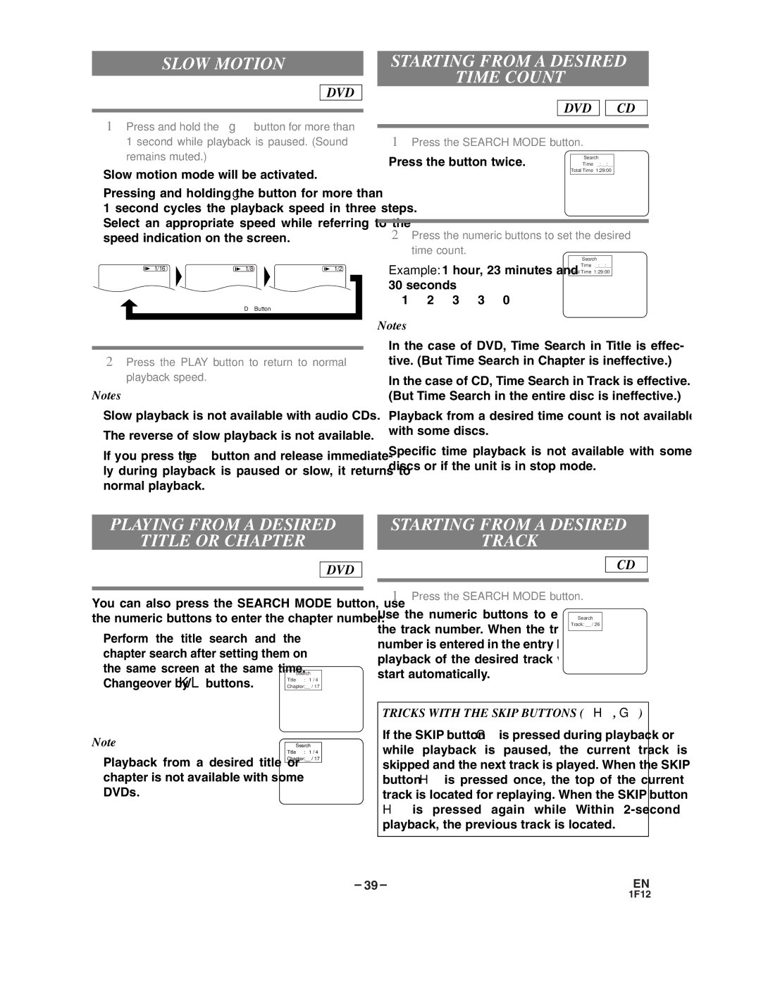 Sylvania SSC719B owner manual Slow Motion, Starting from a Desired Time Count, Playing from a Desired Title or Chapter 