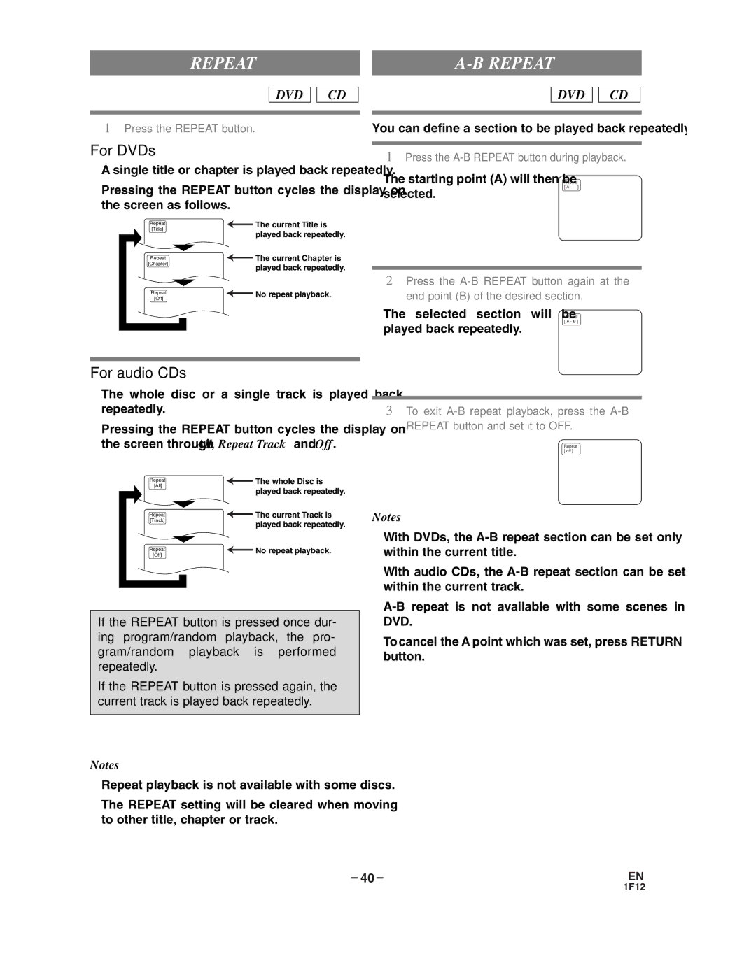 Sylvania SSC719B owner manual Repeat, You can define a section to be played back repeatedly 