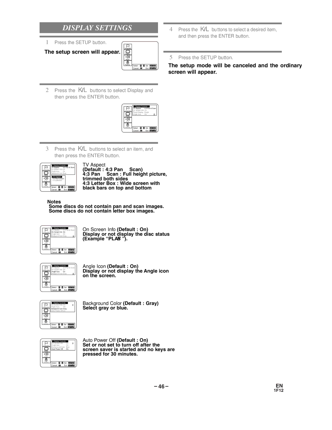 Sylvania SSC719B owner manual Display Settings, ¡The setup screen will appear 