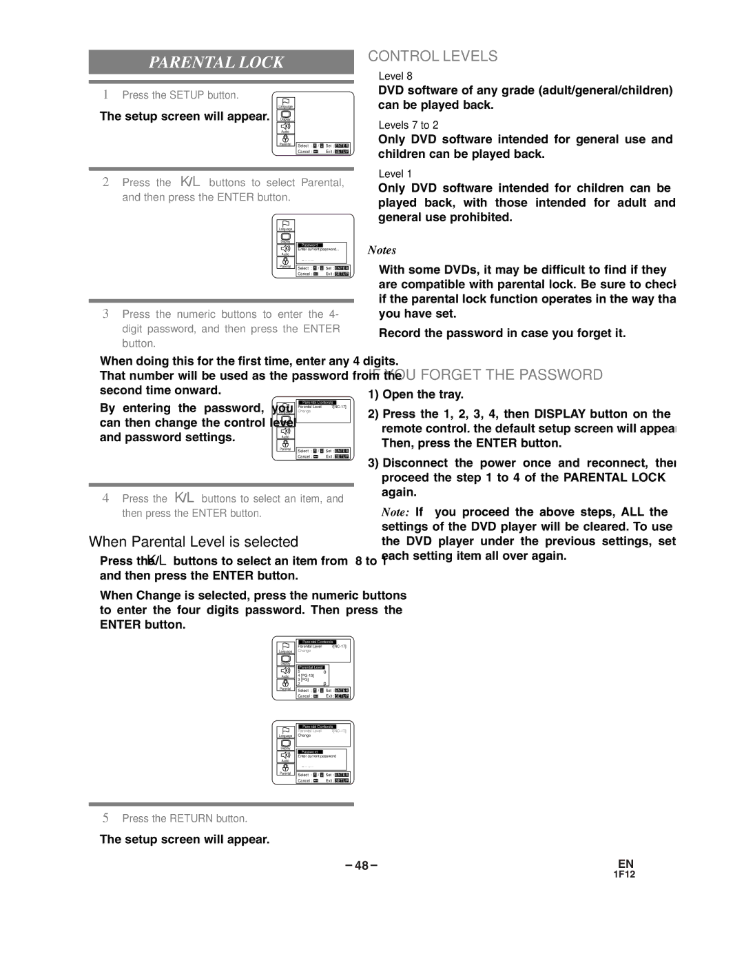 Sylvania SSC719B owner manual Parental Lock, Control Levels, If YOU Forget the Password 