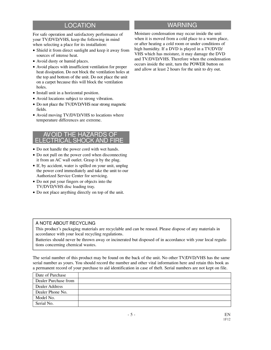 Sylvania SSC719B owner manual Locationwarning, Avoid the Hazards Electrical Shock and Fire 