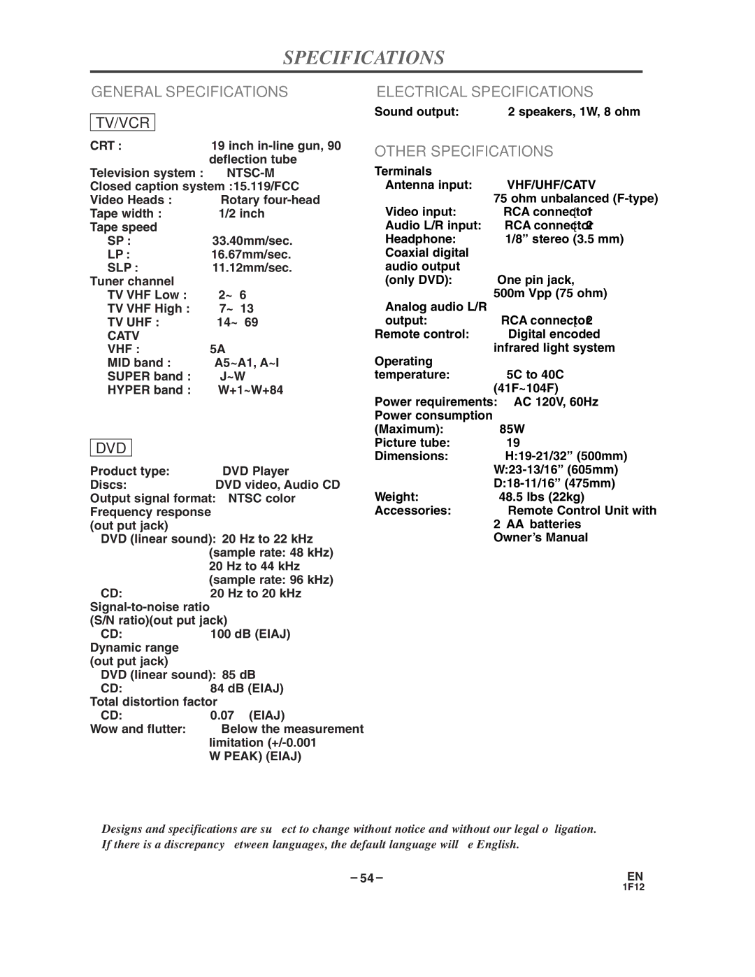 Sylvania SSC719B owner manual General Specifications, Electrical Specifications, Other Specifications 