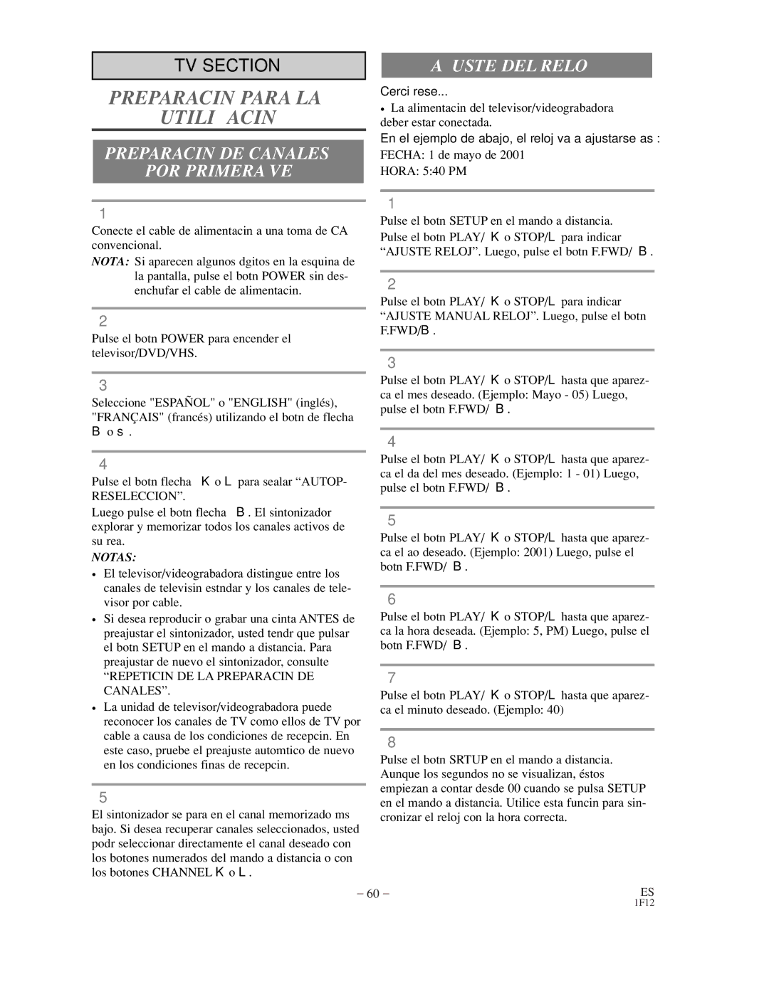 Sylvania SSC719B owner manual Preparación DE Canales POR Primera VEZ, Ajuste DEL Reloj 