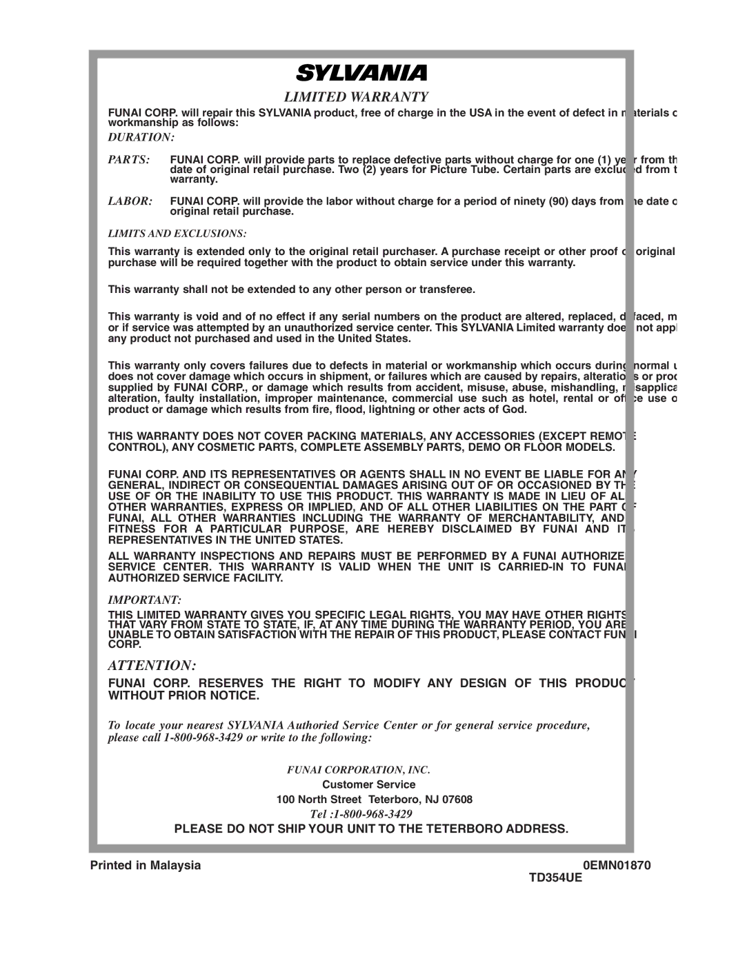 Sylvania SSC719B owner manual Duration, Tel, 0EMN01870, TD354UE 