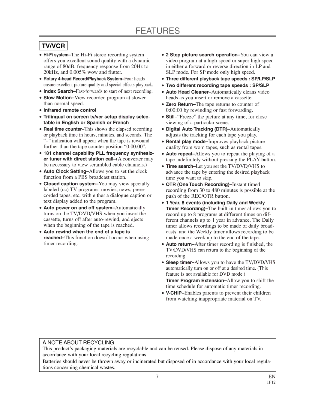 Sylvania SSC719B owner manual Features, Tv/Vcr 