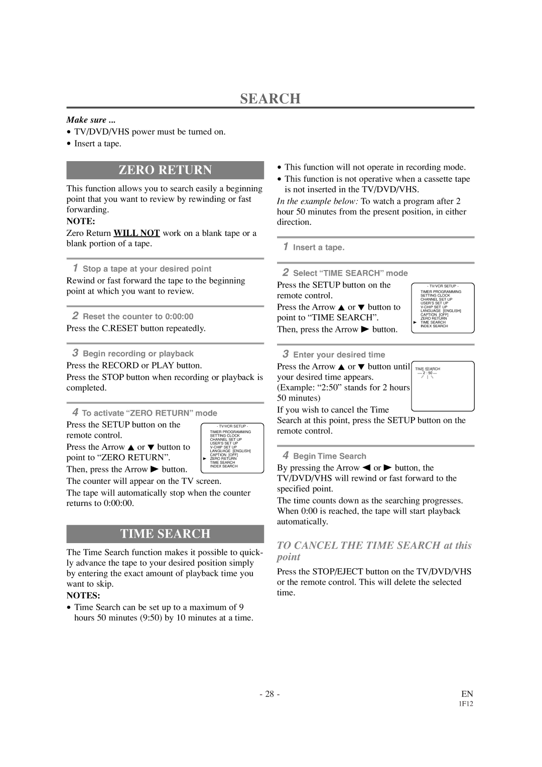 Sylvania SSC719B1 owner manual Time Search, TV/DVD/VHS power must be turned on Insert a tape, Point to Zero Return 