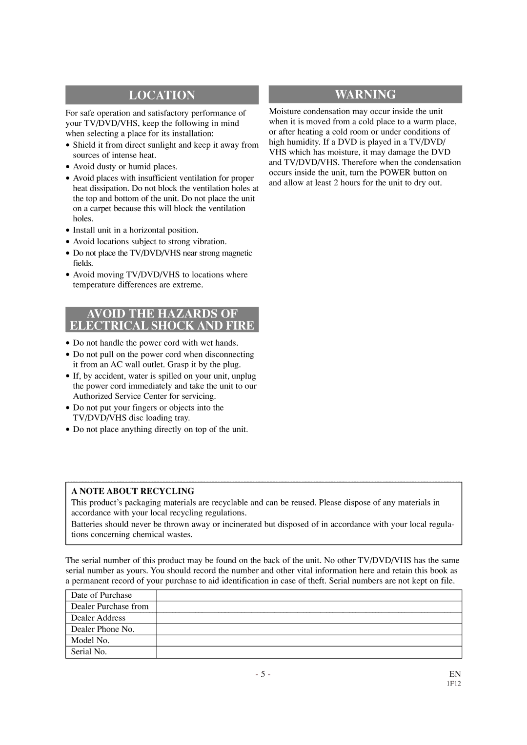 Sylvania SSC719B1 owner manual Locationwarning, Avoid the Hazards Electrical Shock and Fire 