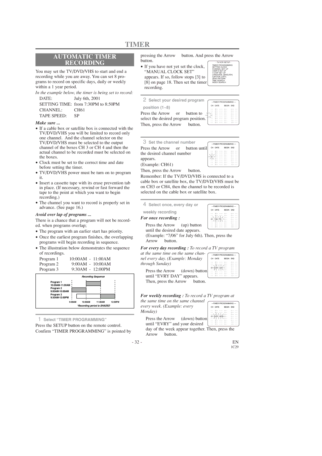 Sylvania SSC719C, SSC727C owner manual Automatic Timer Recording, Channel CH61 Tape Speed SP 