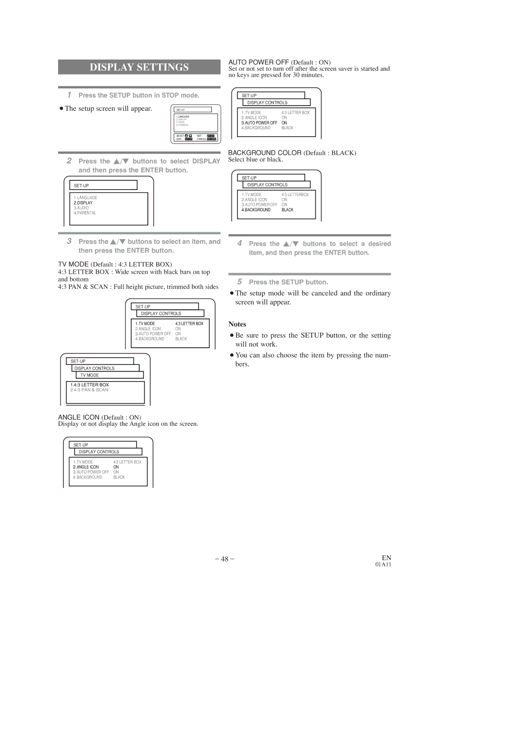 Sylvania SSC719C, SSC727C owner manual Display Settings, Auto Power OFF Default on 