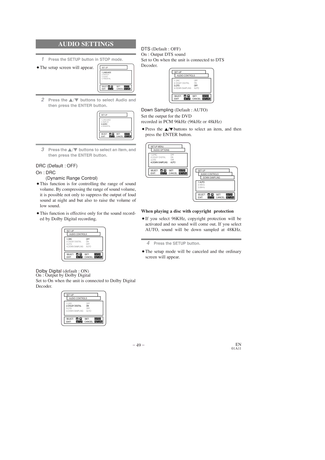 Sylvania SSC719C, SSC727C owner manual Audio Settings, When playing a disc with copyright protection 