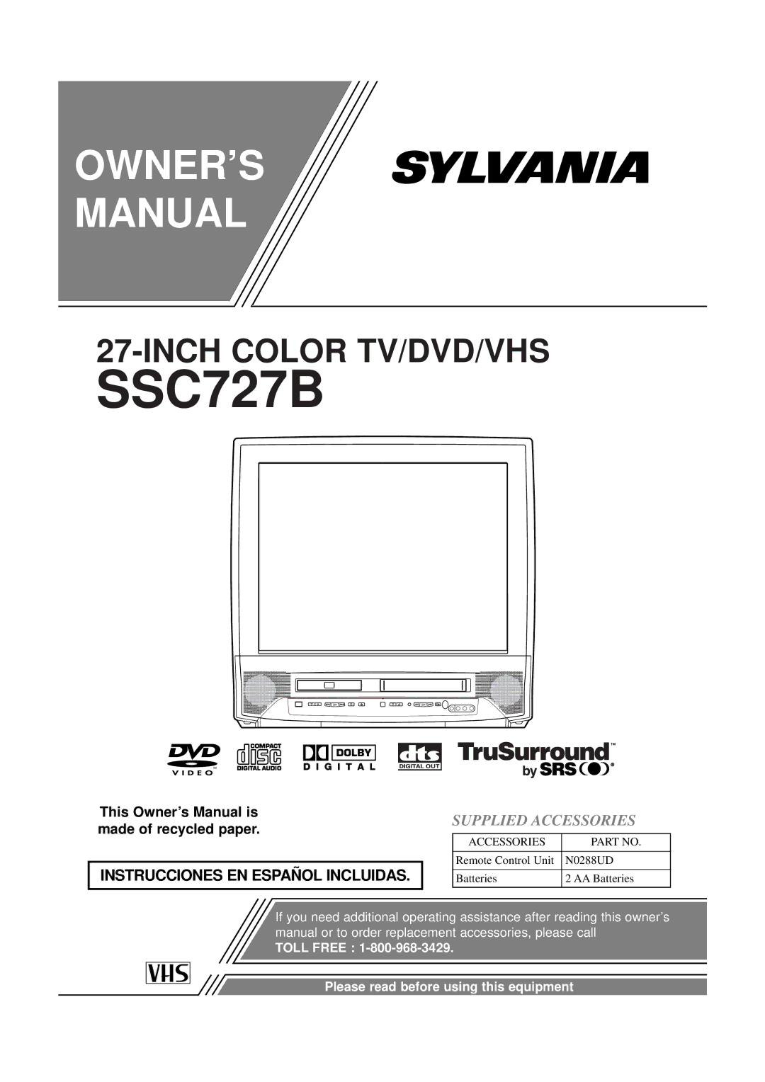 Sylvania SSC727B owner manual Supplied Accessories 