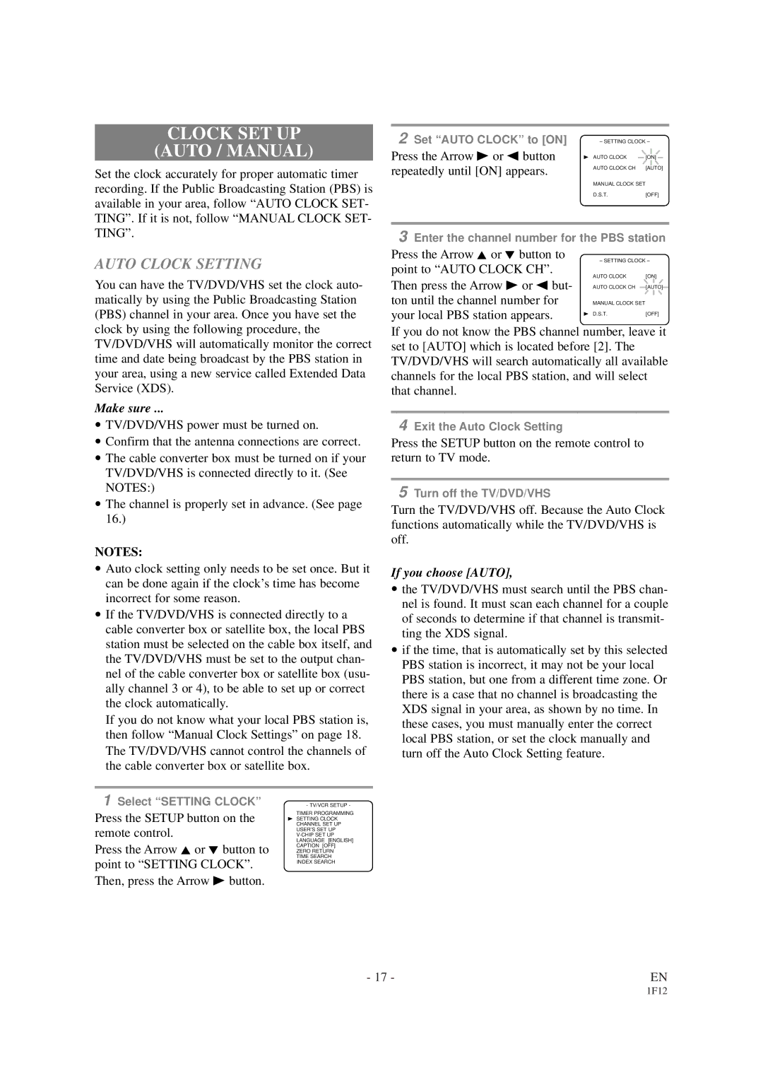 Sylvania SSC727B owner manual Clock SET UP Auto / Manual, Auto Clock Setting 