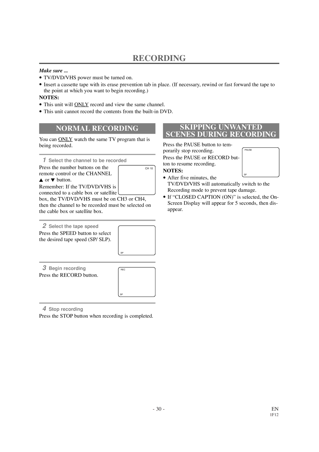 Sylvania SSC727B owner manual Normal Recording, Skipping Unwanted Scenes During Recording 