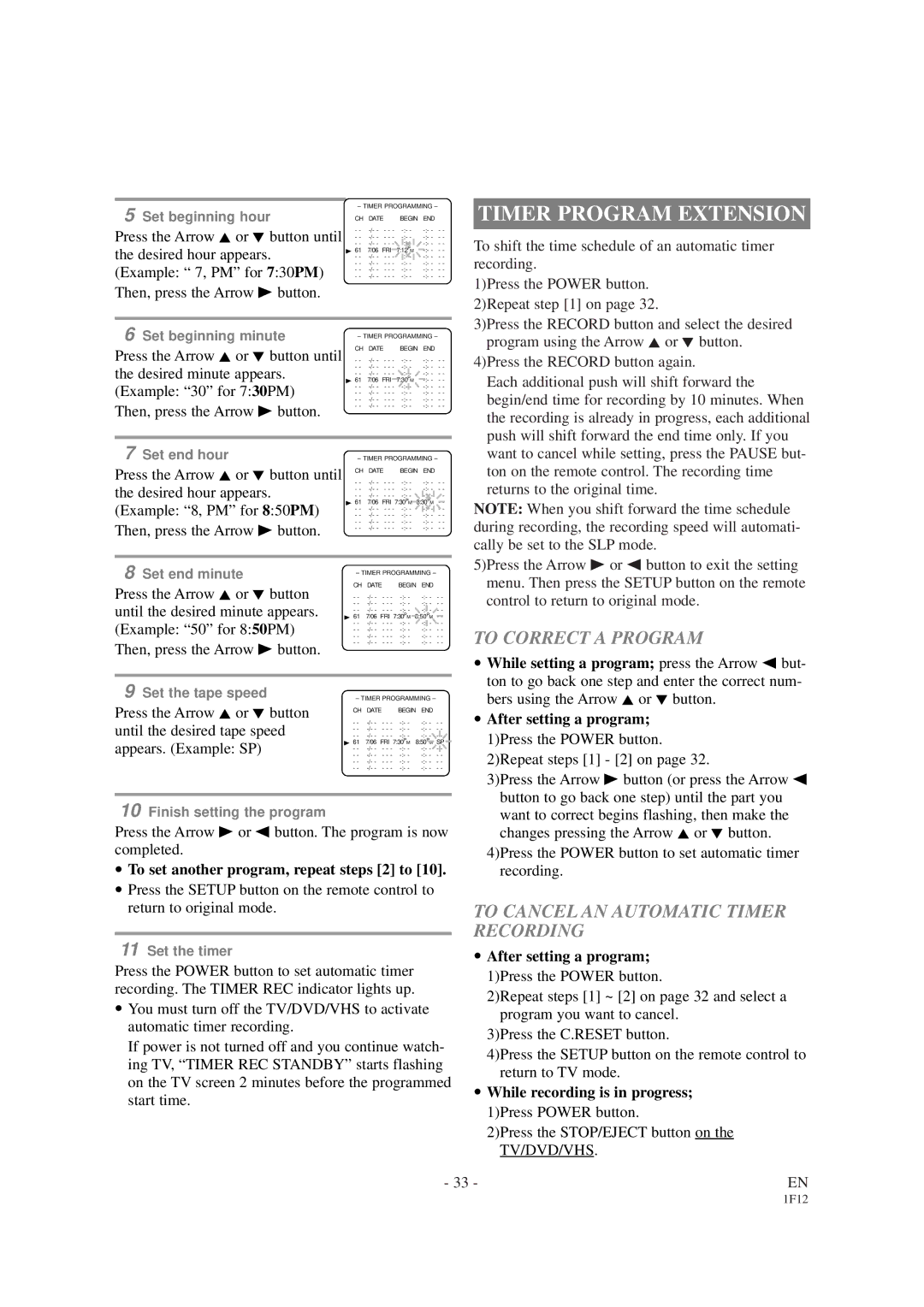 Sylvania SSC727B owner manual Timer Program Extension, To Correct a Program, To Cancel AN Automatic Timer Recording 