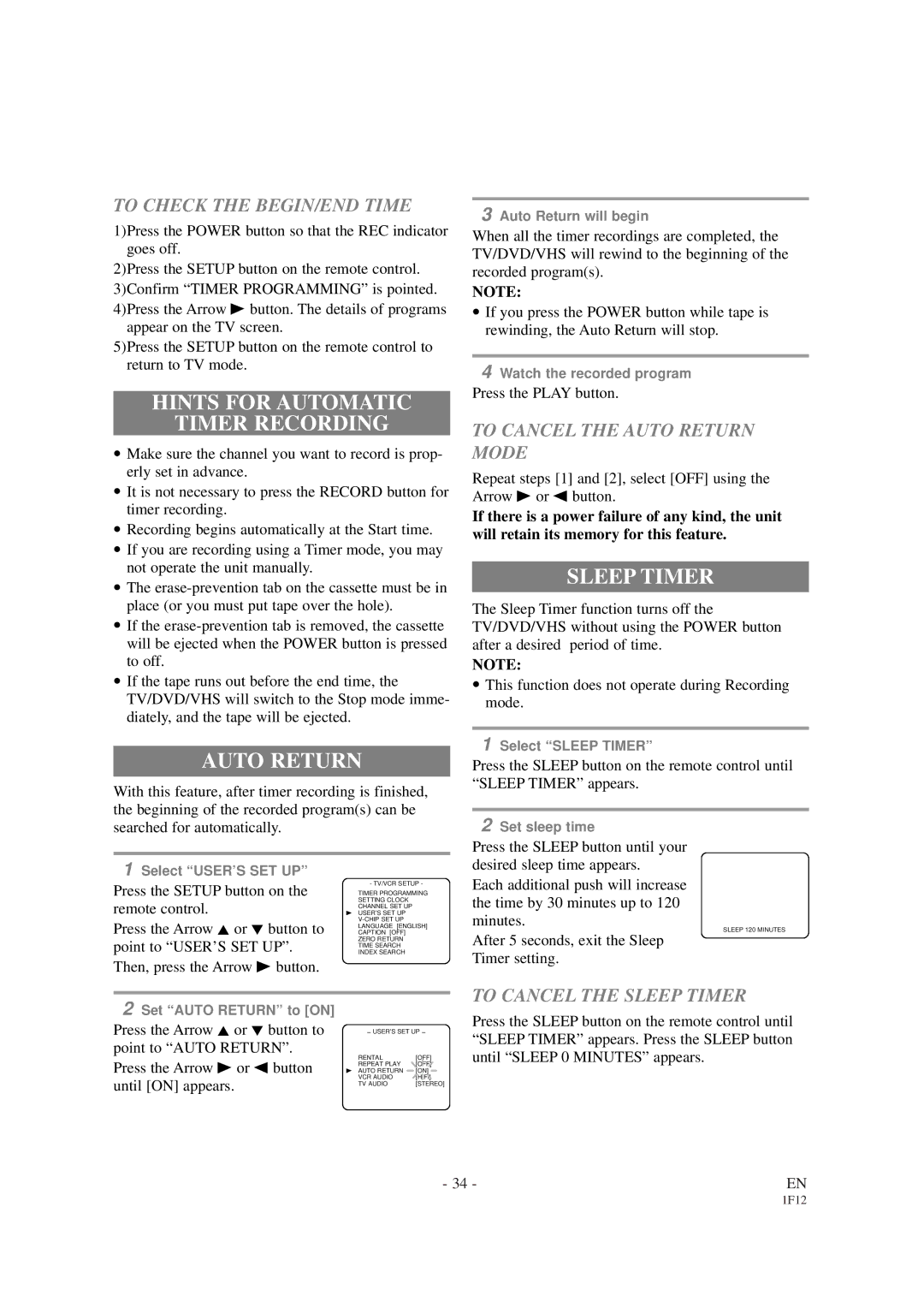 Sylvania SSC727B owner manual Hints for Automatic Timer Recording, Auto Return, Sleep Timer 