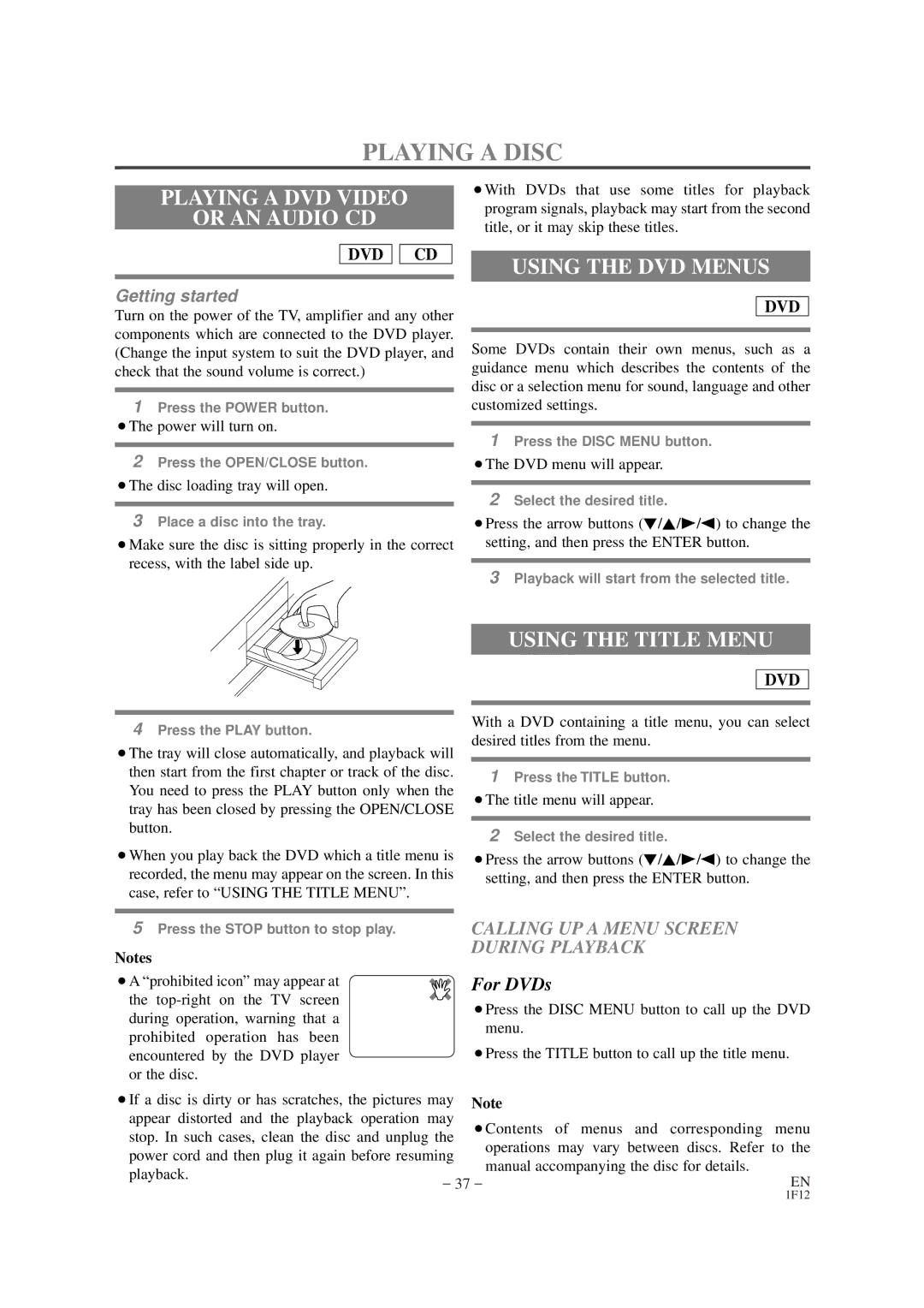 Sylvania SSC727B owner manual Playing a DVD Video Or AN Audio CD, Using the DVD Menus, Using the Title Menu 