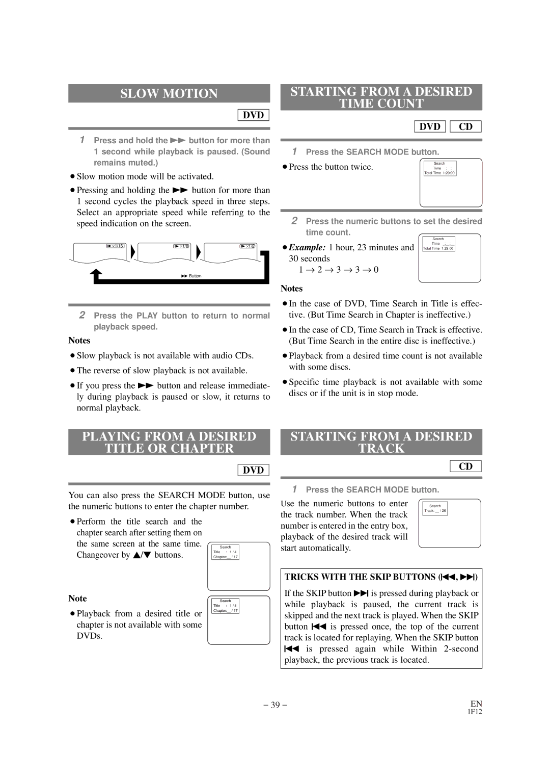 Sylvania SSC727B owner manual Slow Motion, Starting from a Desired Time Count, Playing from a Desired Title or Chapter 