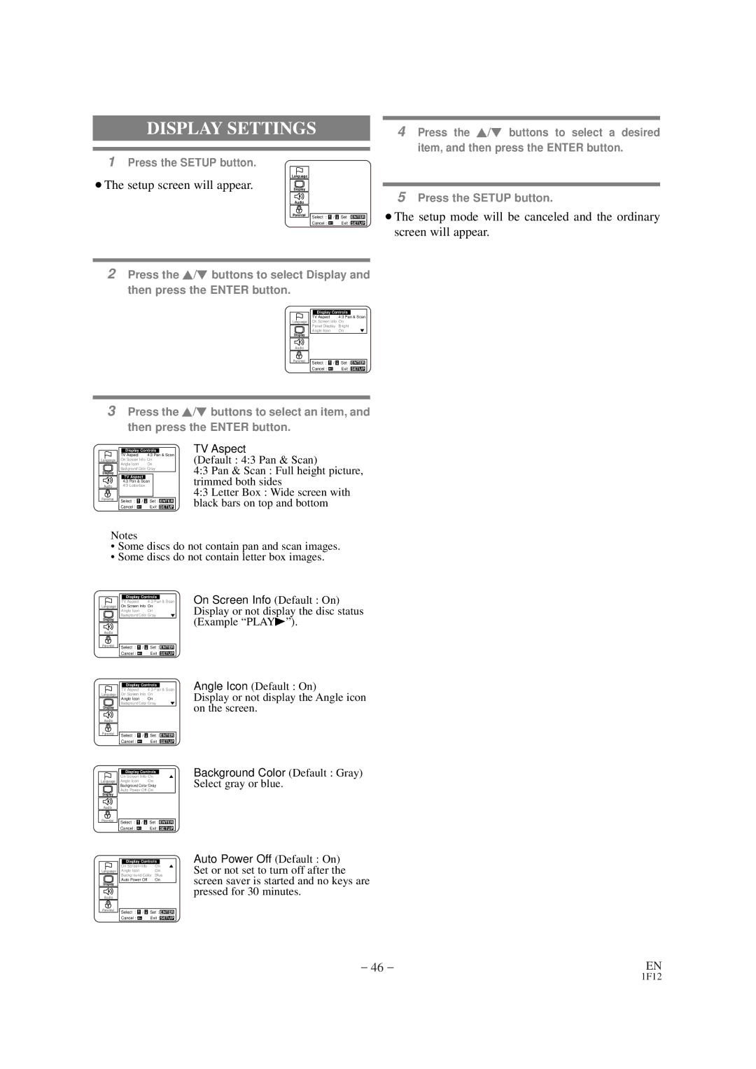 Sylvania SSC727B owner manual Display Settings, ¡The setup screen will appear 