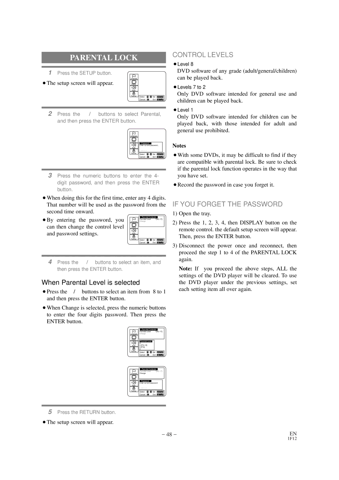 Sylvania SSC727B owner manual Parental Lock, Control Levels, If YOU Forget the Password 