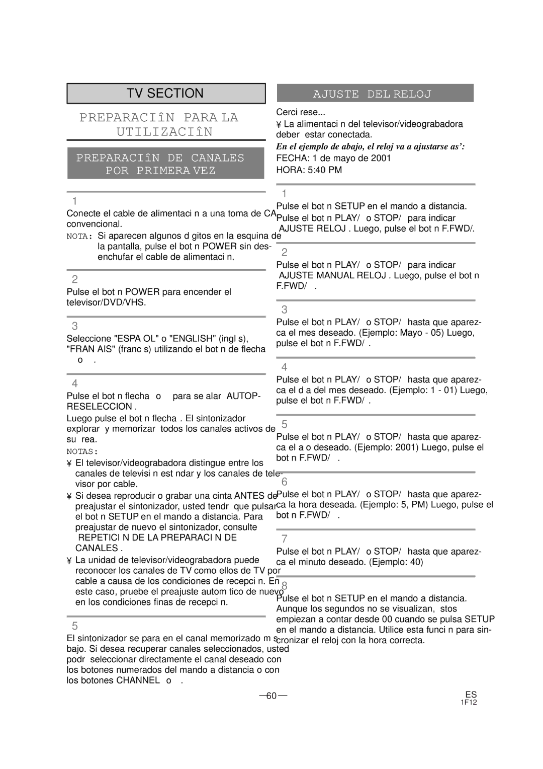 Sylvania SSC727B owner manual Preparación DE Canales POR Primera VEZ, Ajuste DEL Reloj 