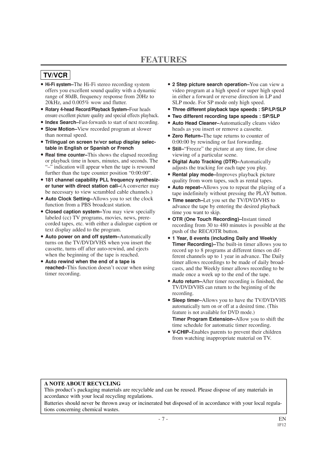 Sylvania SSC727B owner manual Features, Tv/Vcr 