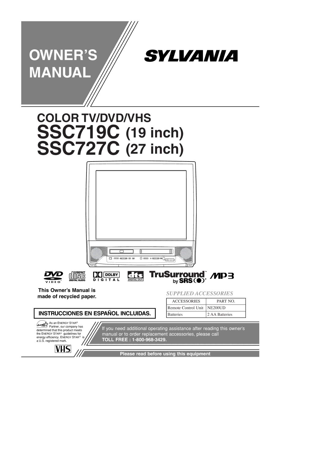 Sylvania owner manual SSC719C SSC727C, Supplied Accessories 