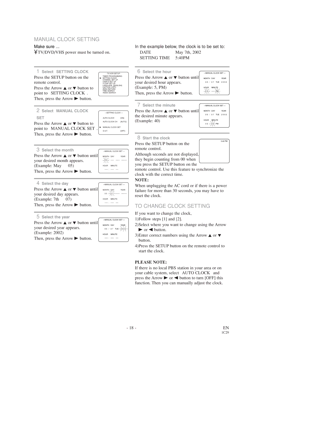 Sylvania SSC727C owner manual Manual Clock Setting, To Change Clock Setting, Date, Setting Time, Please Note 