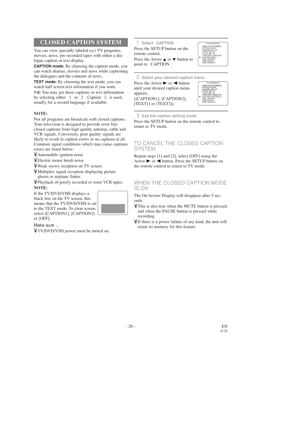 Sylvania SSC727C To Cancel the Closed Caption System, When the Closed Caption Mode is on, CAPTION1, CAPTION2 