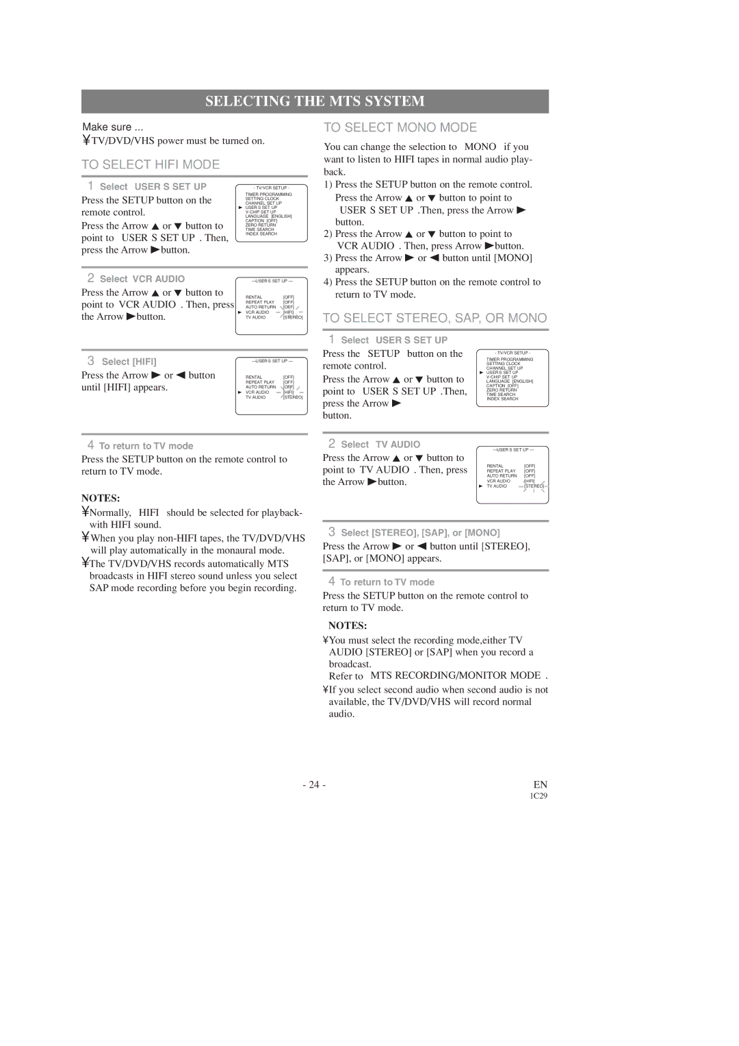 Sylvania SSC727C Selecting the MTS System, To Select Hifi Mode To Select Mono Mode, To Select STEREO, SAP, or Mono 