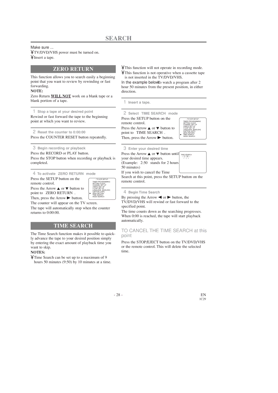 Sylvania SSC727C owner manual Zero Return, Time Search 