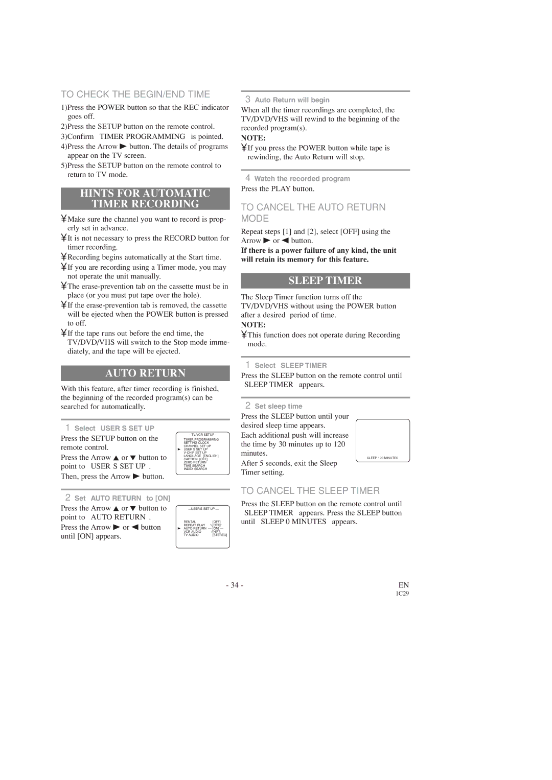 Sylvania SSC727C owner manual Hints for Automatic Timer Recording, Auto Return, Sleep Timer 