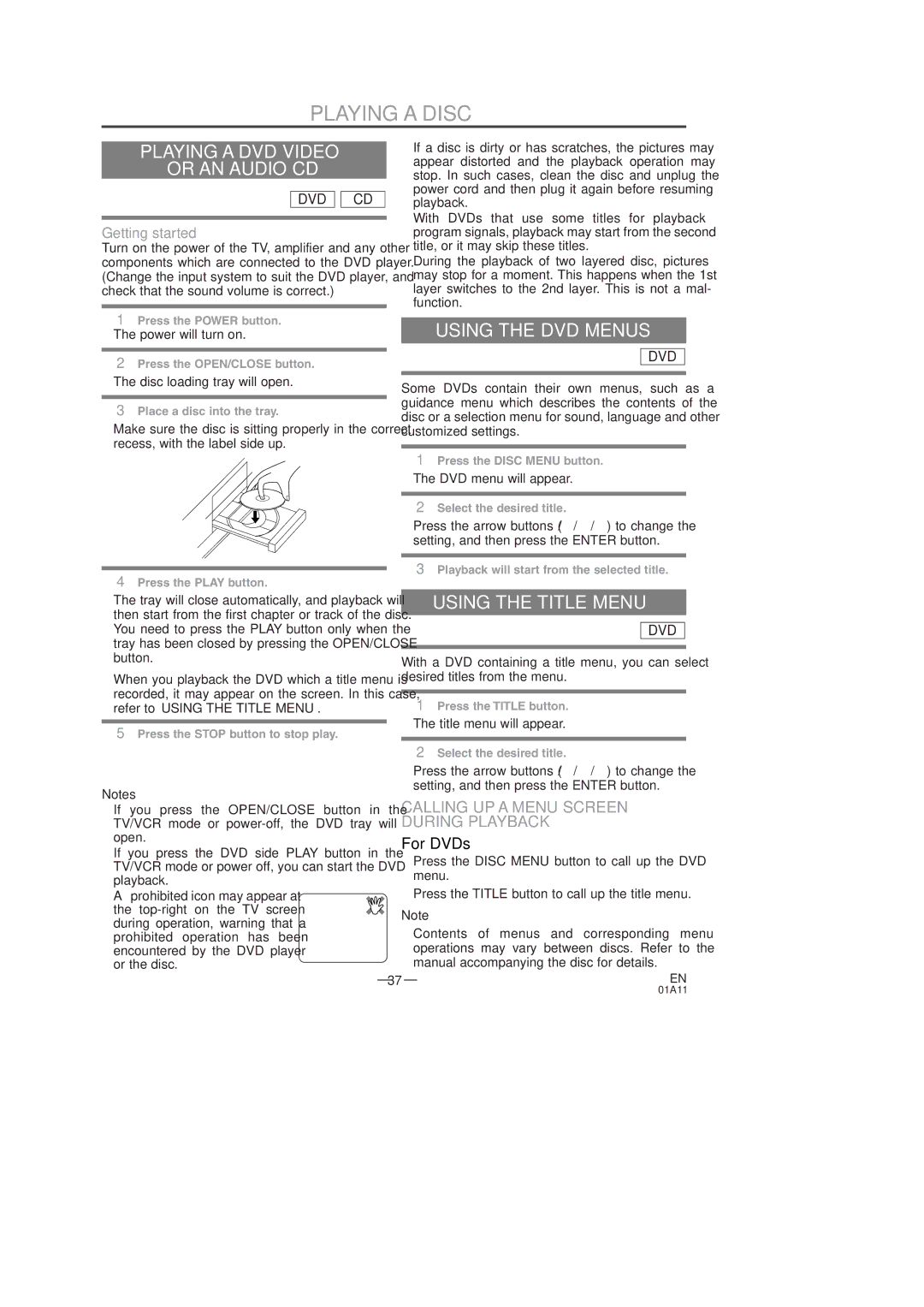 Sylvania SSC727C owner manual Playing a DVD Video Or AN Audio CD, Using the DVD Menus, Using the Title Menu 