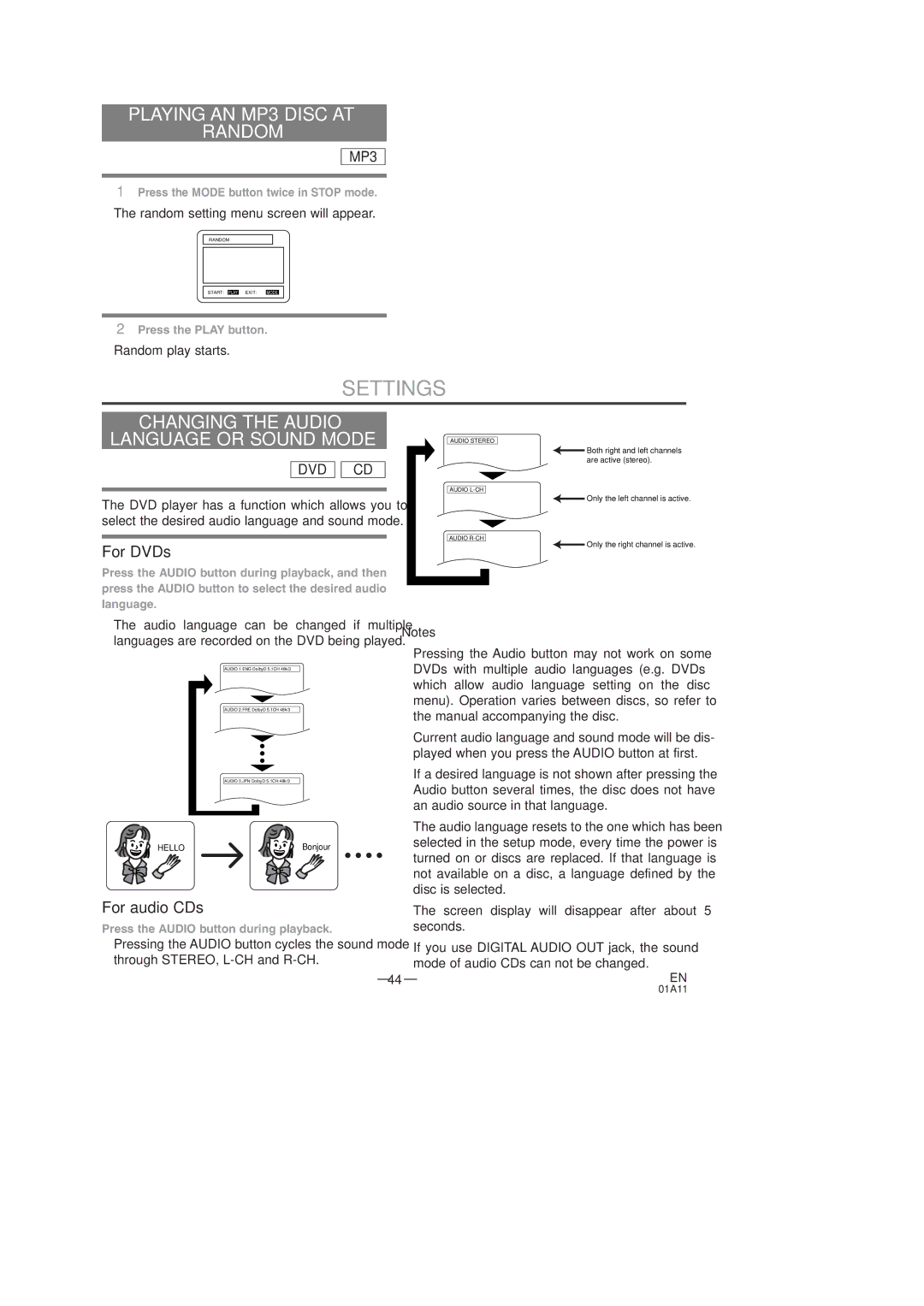 Sylvania SSC727C owner manual Playing AN MP3 Disc AT Random, Changing the Audio Language or Sound Mode, ¡Random play starts 