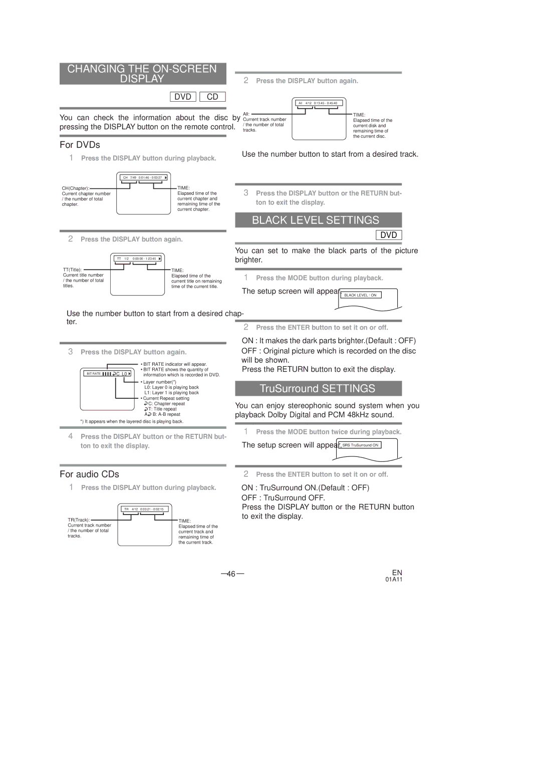 Sylvania SSC727C owner manual Changing the ON-SCREEN Display, Black Level Settings 