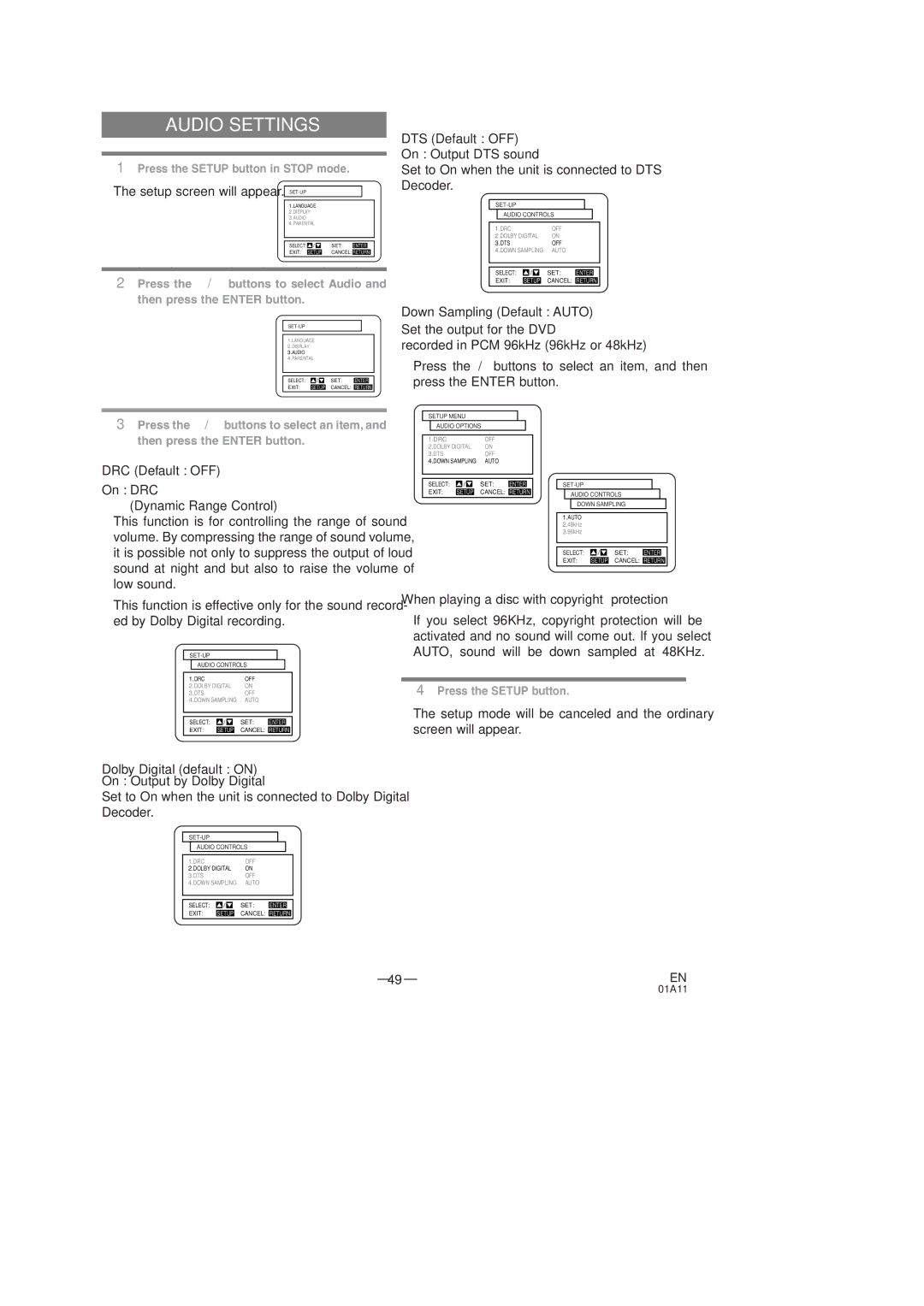 Sylvania SSC727C owner manual Audio Settings, When playing a disc with copyright protection 