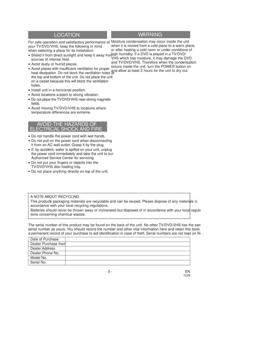 Sylvania SSC727C owner manual Location, Avoid the Hazards Electrical Shock and Fire 