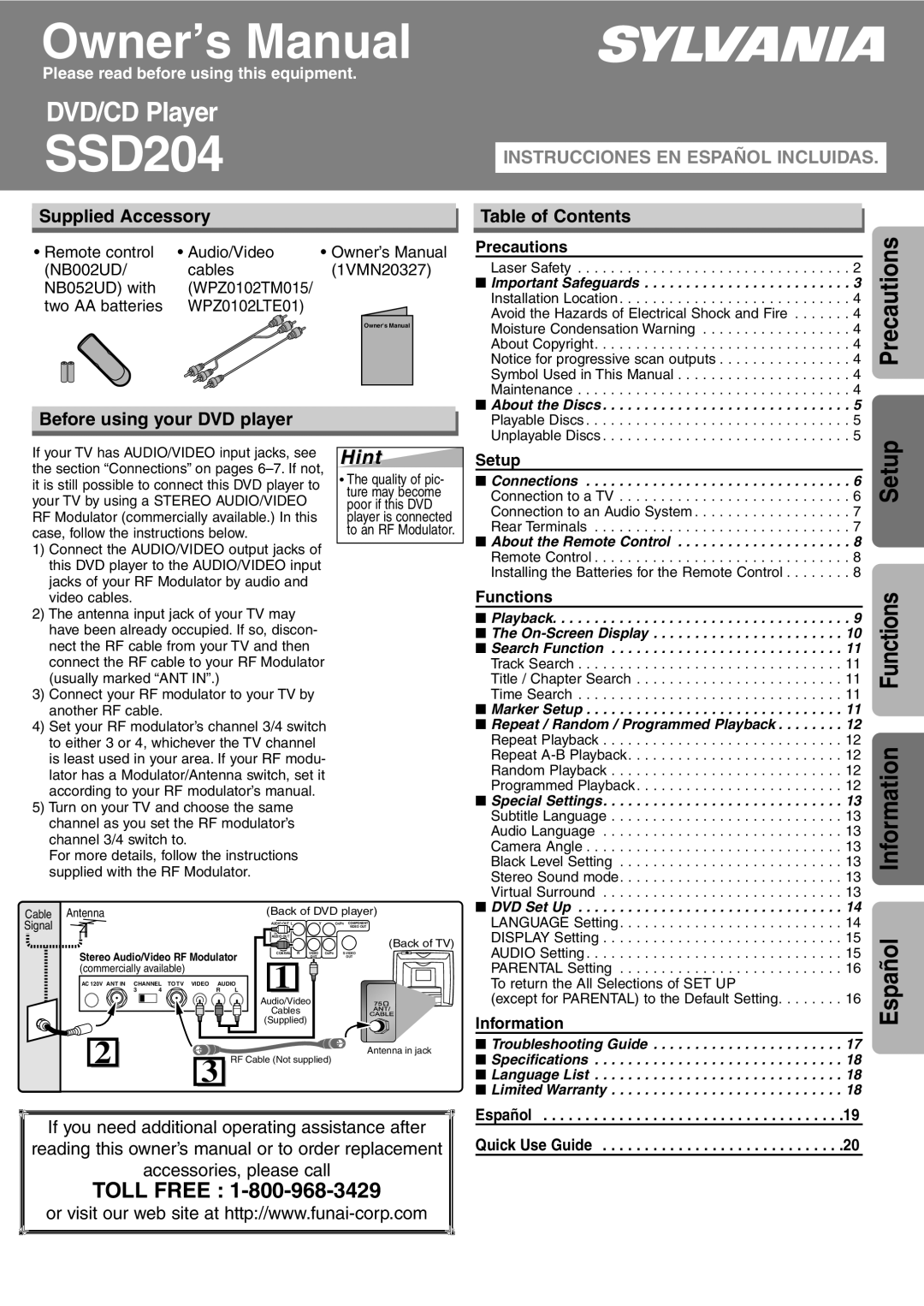 Sylvania SSD204 owner manual Hint, Supplied Accessory, Table of Contents, Before using your DVD player 