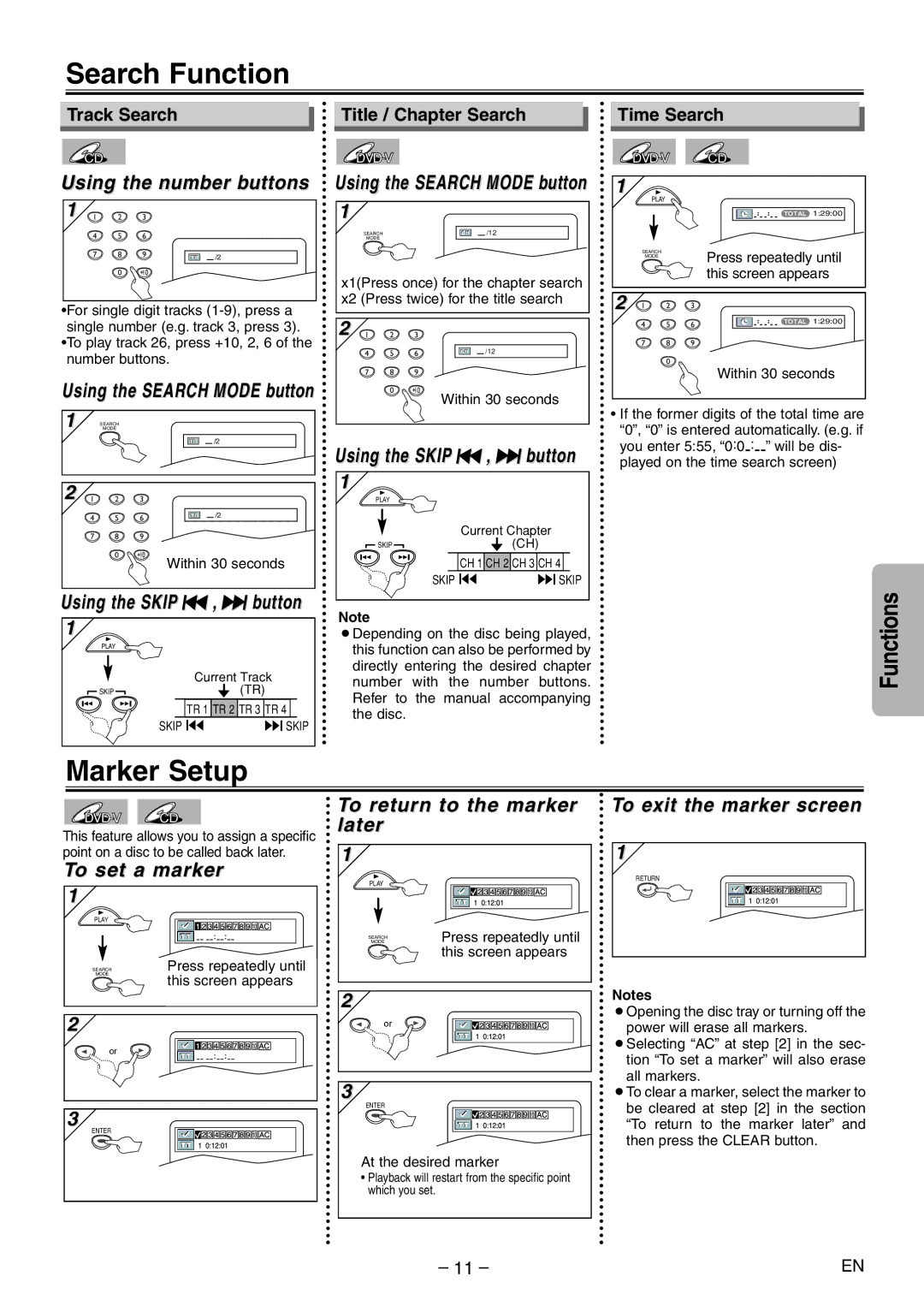 Sylvania SSD204 owner manual Search Function, Marker Setup 